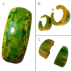 BAKELITE End of Day Marbled Bracelet & Earrings Green, Gold, Black Vintage Set